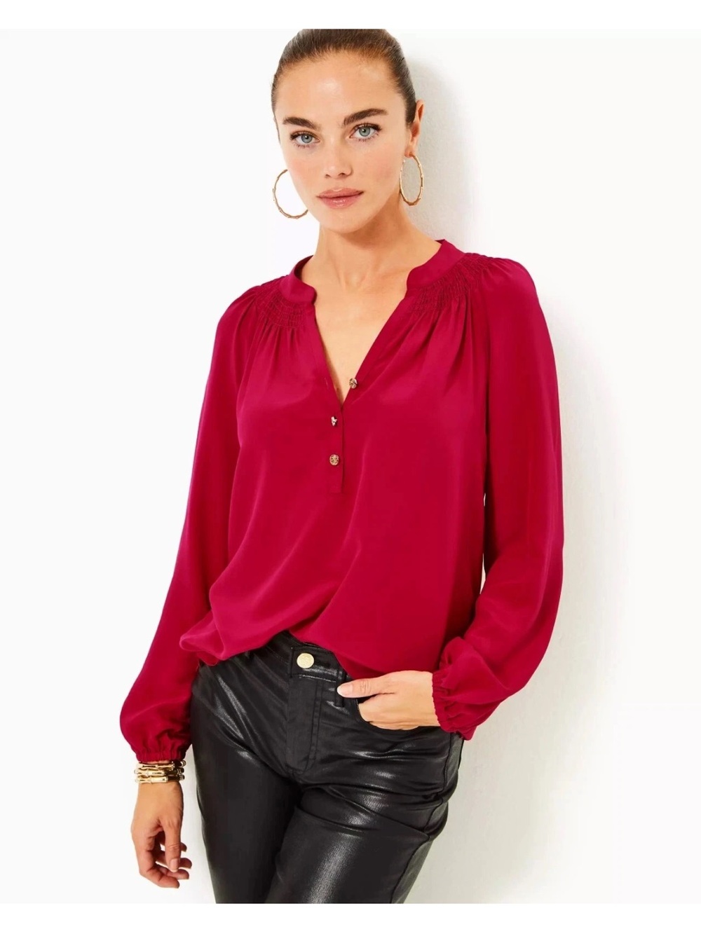 Lilly Pulitzer Elsa 100 % Silk Blouse Cranberry Red ❤️ Large New Fall